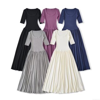 Women's U-Neck Half Sleeve Maxi Dress Casual Solid Color Pleated Umbrella Skirt Viscose Elastane Spliced Long Dress For Summer Streetwear