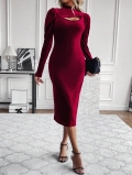 Women's Sexy Wine Red Velvet Maxi Dress Elegant Cutout Front Mock Neck Puff Sleeve Bodycon Slim Fit Evening Party Gown