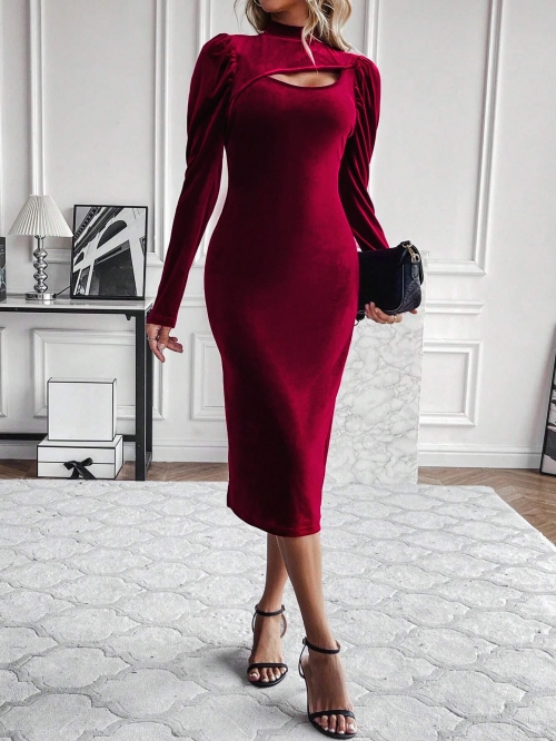 Women's Sexy Wine Red Velvet Maxi Dress Elegant Cutout Front Mock Neck Puff Sleeve Bodycon Slim Fit Evening Party Gown