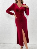 Women Elegant Wine Red Velvet Maxi Dress Deep V Neck Long Puff Sleeve Slim Fit Slit Bodycon Evening Gown For Party Club Wedding