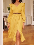 Elegant Yellow V-Neck Backless Maxi Dress With Ruffle Sleeves High Waist Side Slit Long Dress Women's Fashion Slim Fit Party A-Line Dress With Belt