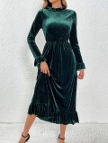 Elegant Women Mock Neck Long Sleeve Velvet Pleated Maxi Dress Vintage Slim Fit High Waist A-Line Ruffle Trim Solid Color Evening Party Gown