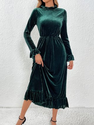 Elegant Women Mock Neck Long Sleeve Velvet Pleated Maxi Dress Vintage Slim Fit High Waist A-Line Ruffle Trim Solid Color Evening Party Gown