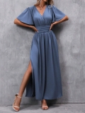 Women's Elegant Deep V-Neck Pleated Waist Maxi Dress 100% Polyester Ruffle Sleeve High Slit Slim Fit Long Dress For Daily Party Dating Lady