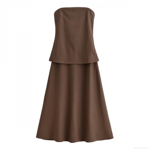 Women Sexy Backless Tube Top Maxi Dress Polyester Patchwork Ruffle Summer Streetwear Party Dress Solid Color Slim Fit Floor Length Evening Gown