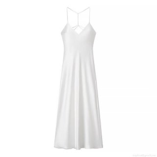 Women's Elegant Satin Slip Maxi Dress Sexy V-Neck Backless Criss Cross Straps White Solid Summer Dress For Party Clubwear