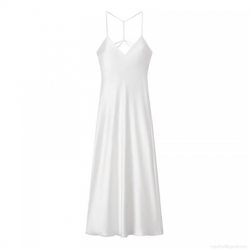 Women's Elegant Satin Slip Maxi Dress Sexy V-Neck Backless Criss Cross Straps White Solid Summer Dress For Party Clubwear