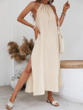 Women's Sexy Backless Halter Maxi Dress Solid Color Cotton Summer Beach Vacation Long Dress With Side Slit And Tassel Detail