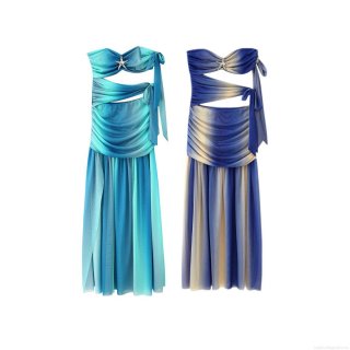 Sexy Women's Ombre Mesh Strapless Maxi Dress Starfish Decoration Cutout Side Tie Ruched Backless Long Dress for Beach Party Club