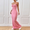 Sexy Y2K Women Bodycon Maxi Dress Ruched Bust Sling Polyester Spandex Rib Knit Slim Fit Long Dress For Summer Party Night Clubwear