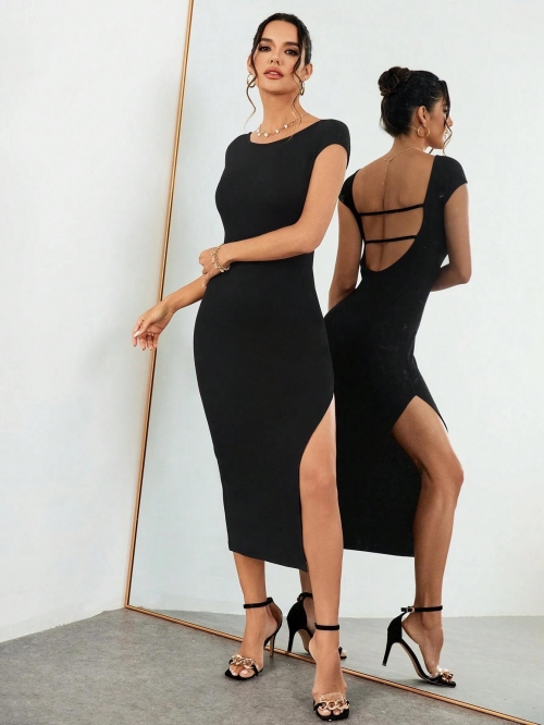 Sexy Backless Ribbed Knit Maxi Dress Women Short Sleeve High Slit Bodycon Slim Fit Polyester Spandex Strappy Party Evening Clubwear Dress