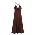 Sexy Backless V Neck Spaghetti Strap Maxi Dress With Bead Detail Summer Bohemian Solid Color Tie Up A-Line Linen Blend Party Long Dress For Women
