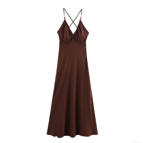Sexy Backless V Neck Spaghetti Strap Maxi Dress With Bead Detail Summer Bohemian Solid Color Tie Up A-Line Linen Blend Party Long Dress For Women