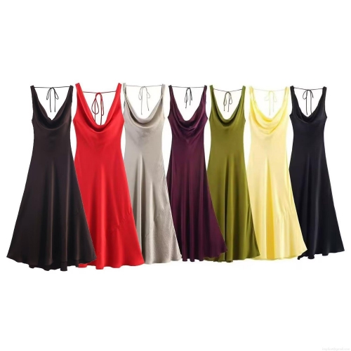Women's Satin Backless Maxi Dress Sexy Cowl Neck Lace Up Cami Slit Party Evening Long Dress For Summer Casual Chic Streetwear