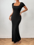 Women Elegant Square Neck Short Sleeve Maxi Dress Polyester Elastane Blend Slim Fit Mermaid Hem Solid Color Knit Evening Long Dress for Party Office
