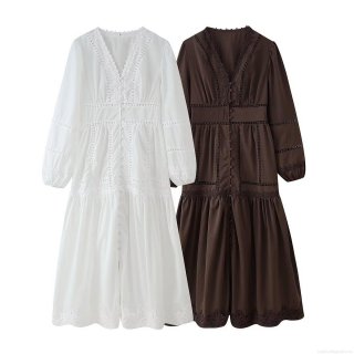 Women V-Neck Lantern Sleeve Lace Patchwork Maxi Dress Bohemian Vintage Hollow Out Embroidery Long Dress For Summer Vacation Daily Wear