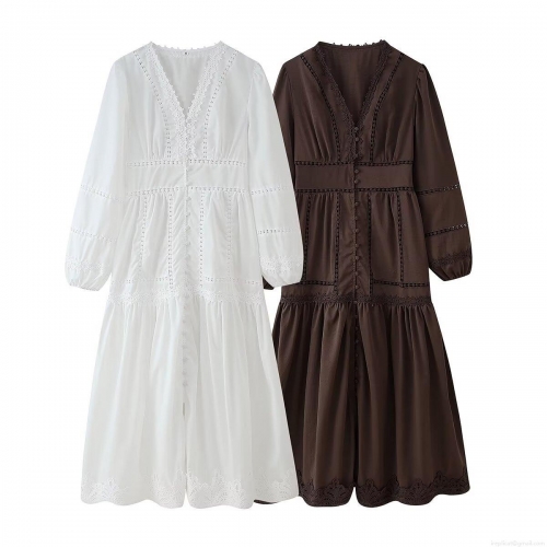 Women V-Neck Lantern Sleeve Lace Patchwork Maxi Dress Bohemian Vintage Hollow Out Embroidery Long Dress For Summer Vacation Daily Wear