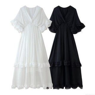 Women V Neck Ruffle Short Sleeve Maxi Dress Elegant Solid Color Layered A-Line Long Dress For Summer Party Vacation