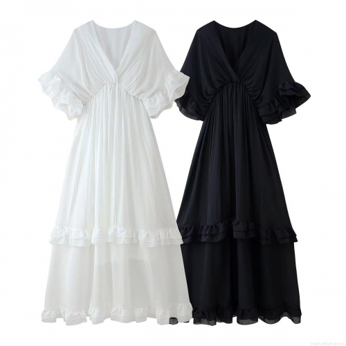 Women V Neck Ruffle Short Sleeve Maxi Dress Elegant Solid Color Layered A-Line Long Dress For Summer Party Vacation