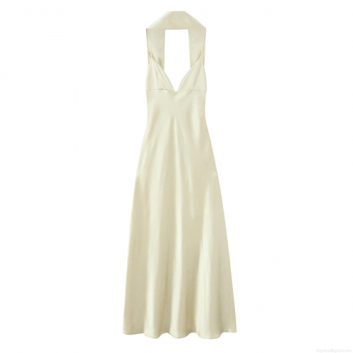 Women's Elegant Halter Neck Backless Satin Maxi Dress Sexy Deep V-Neck Lace-Up Silk Texture Champagne Long Dress for Cocktail Party Wedding Vacation