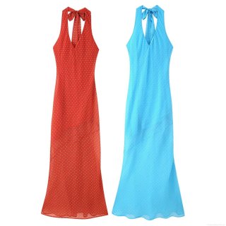 Women Halter V-Neck Backless Polka Dot Maxi Dress Summer Sleeveless Bodycon Lace-up Long Dress For Party Vacation Streetwear Sexy Clothing