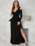 Women Elegant V Neck Cold Shoulder Backless Maxi Dress Long Sleeve High Side Slit Knitting Polyester Elastane Slim Fit Long Dress For Evening Party Club Wedding Lady