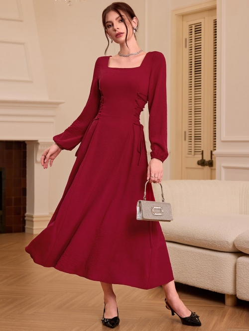 French Vintage Square Neck Long Sleeve Maxi Dress Women Elegant Side Lace Up Slim Fit A-Line Knit Long Skirt For Party Evening Wedding Autumn Winter