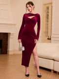 Women Sexy Velvet Maxi Dress Hollow Out Twist Front Long Sleeve High Slit Slim Fit Elegant Evening Banquet Party Dress Bodycon Gown For Lady