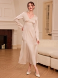 Elegant French Style V-neck Satin Maxi Dress For Women 100% Polyester Slim Fit Long Sleeve Ruched Evening Party Dress