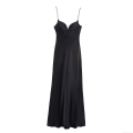 Women Sexy Black Satin Maxi Dress Spaghetti Strap Cross Backless V Neck Long Slip Dress For Summer Party Evening Night Out Wedding Guest Chic