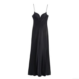 Women Sexy Black Satin Maxi Dress Spaghetti Strap Cross Backless V Neck Long Slip Dress For Summer Party Evening Night Out Wedding Guest Chic