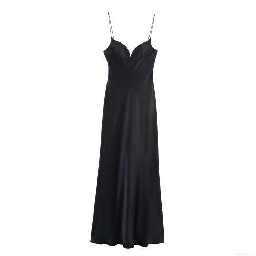 Women Sexy Black Satin Maxi Dress Spaghetti Strap Cross Backless V Neck Long Slip Dress For Summer Party Evening Night Out Wedding Guest Chic