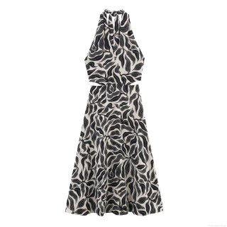 Women's Summer Halter Backless Waist Hollow Abstract Leaf Print Linen Blend Maxi Dress Sleeveless A-Line Long Dress For Vacation Party