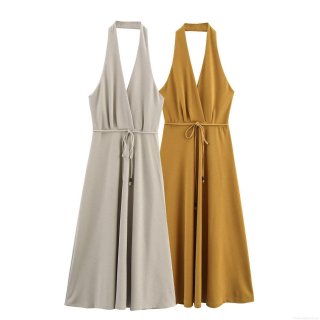 Women's Sexy Halter Neck V-Neck Backless Maxi Dress Casual Summer Beach Party A-Line Sun Dress With Waist Drawstring Plain Polyester Long Dress