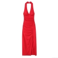Women's Sexy Backless Halter Neck Maxi Dress Summer Solid Red Ruched Side Split Bodycon Long Dress For Party Club Night Out