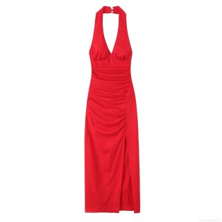 Women's Sexy Backless Halter Neck Maxi Dress Summer Solid Red Ruched Side Split Bodycon Long Dress For Party Club Night Out
