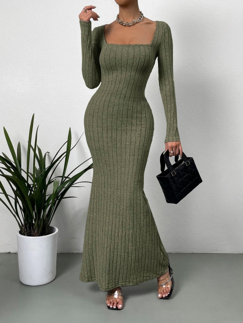 Women Elegant Square Neck Ribbed Knit Maxi Dress Long Sleeve Solid Color Slim Fit Bodycon Ankle Length Socialite Fish Tail Long Dress