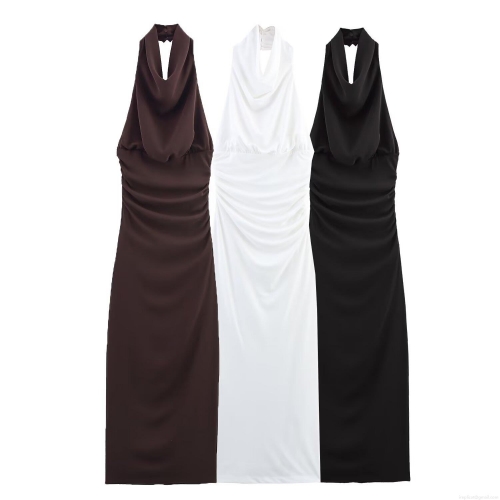 Women's Sexy Halter Neck Backless Ruched Maxi Dress Elegant Polyester V-Neck Draped Sleeveless Bodycon Evening Party Long Dress Summer Streetwear