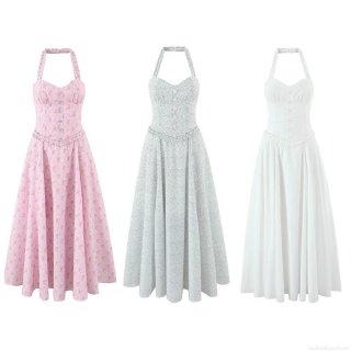 Women Summer Halter Neck Backless A-Line Maxi Dress Cotton Blend Polka Dot Floral Print Button Decor Tie-Back Long Sundress For Party Vacation