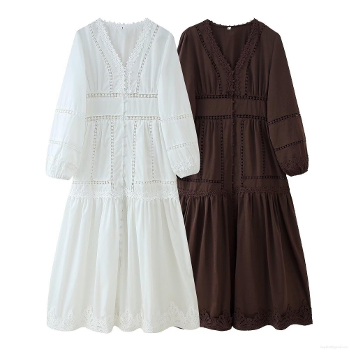 Women's Bohemian V-Neck Lantern Sleeve Hollow Out Lace Patchwork Maxi Dress Elegant Single Breasted Polyester A-Line Long Sleeve Dress