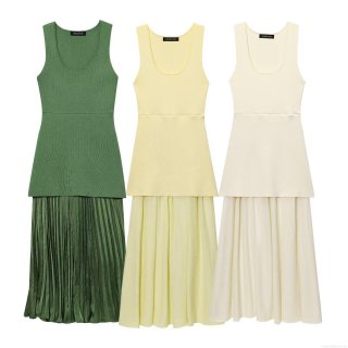 Women Sleeveless Maxi Dress Knit Patchwork Pleated Satin U-Neck Casual Streetwear Summer Party Long Sun Dress Elegant Slim Fit Gown