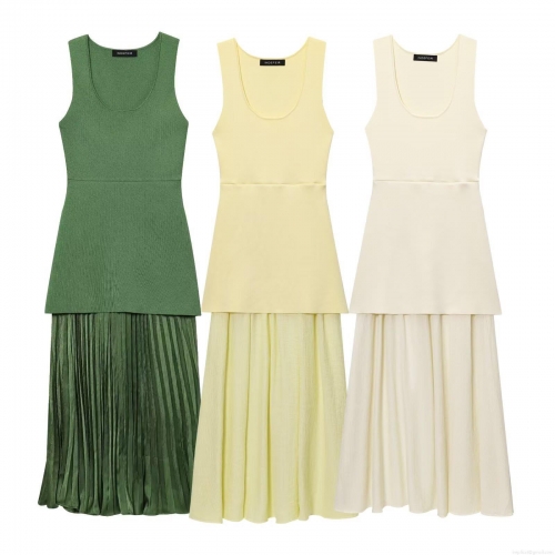 Women Sleeveless Maxi Dress Knit Patchwork Pleated Satin U-Neck Casual Streetwear Summer Party Long Sun Dress Elegant Slim Fit Gown