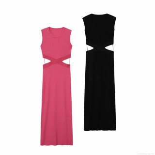 Women's Sexy Ribbed Knit Sleeveless Maxi Dress Summer Waist Cutout Bodycon Long Party Dress Solid Color Streetwear Clubwear