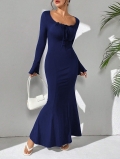 Elegant Knit Mermaid Maxi Dress Long Sleeve Square Neck Drawstring Slim Fit Solid Color Navy Blue Evening Party Dress For Women