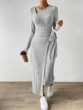 Women's Grey Ribbed Knit Maxi Dress Long Sleeve Cutout Round Neck Slim Fit Wrap Dress With Side Tie Solid Color Casual Bodycon Dresses For Autumn Winter