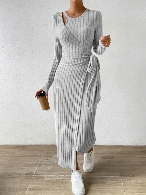 Women's Grey Ribbed Knit Maxi Dress Long Sleeve Cutout Round Neck Slim Fit Wrap Dress With Side Tie Solid Color Casual Bodycon Dresses For Autumn Winter