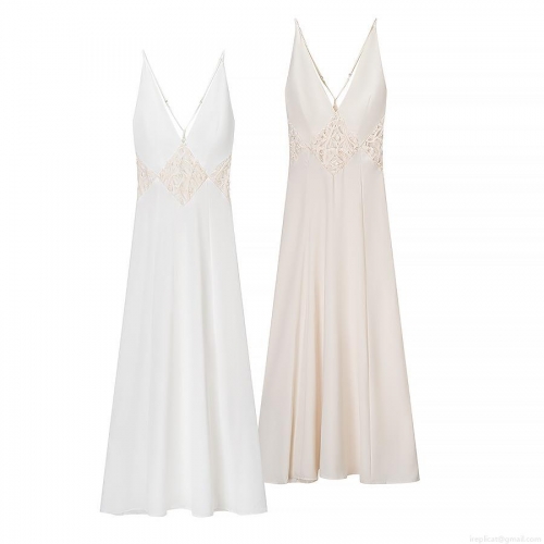 Women's Elegant Backless Satin Maxi Dress With Lace Patchwork Sexy V-Neck Camisole Long Slip Dress For Summer Party Wedding