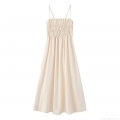 Women's Summer Solid Color Spaghetti Strap Maxi Dress Backless Shirred Smocked Bodice A-Line Tiered Long Sundress Casual Beach Party Dress
