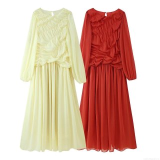 Women's Elegant Ruched Pleated Maxi Dress Long Sleeve Round Neck Solid Color A-Line Polyester Chiffon Street Style Summer Party Long Dresses