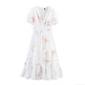French Retro Floral Maxi Dress V Neck Lace Splicing Puff Sleeve A-Line Polyester Long Dress For Women Summer Vacation Party